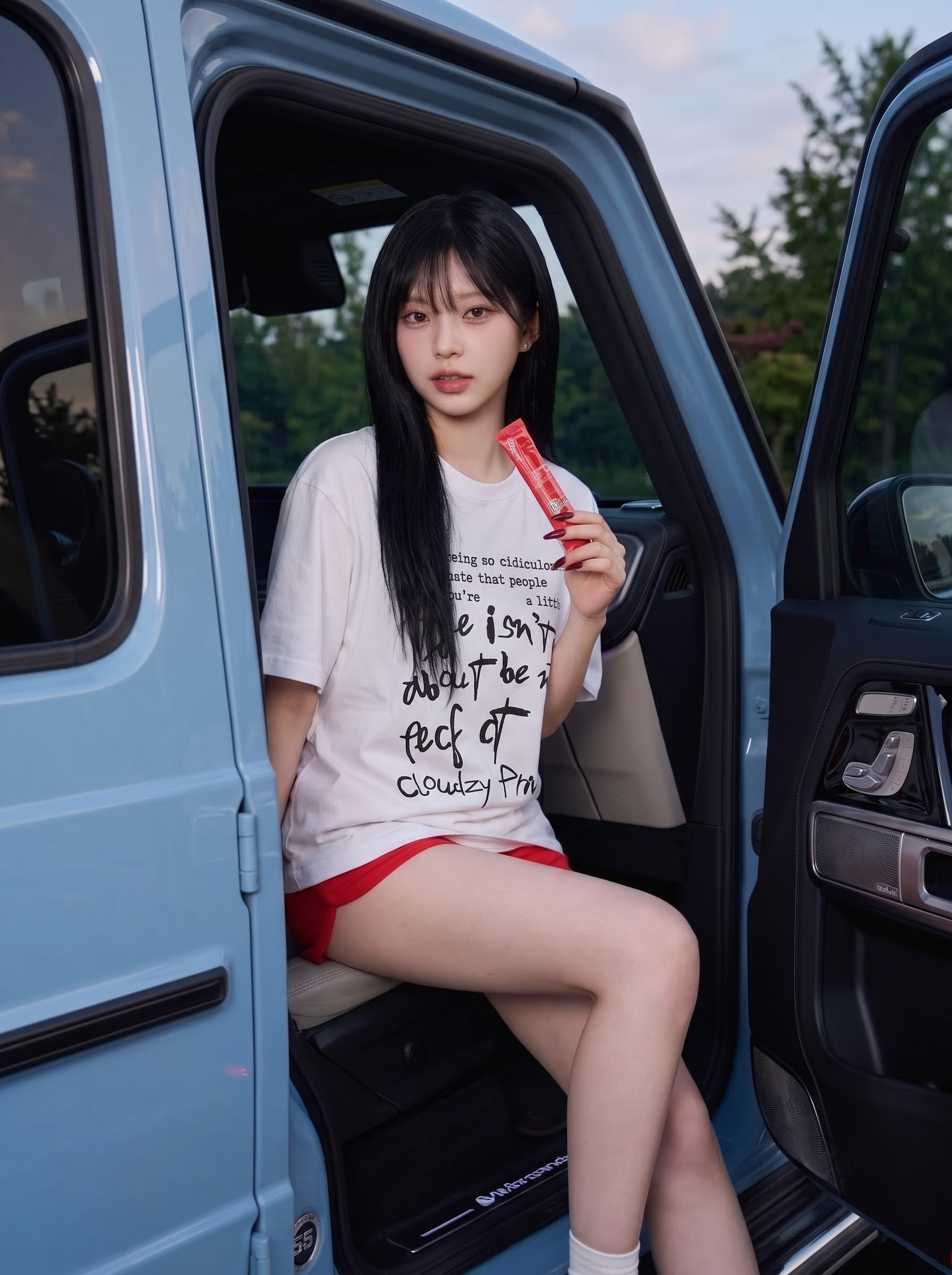 FEVER white graphic tee styled by a blue car