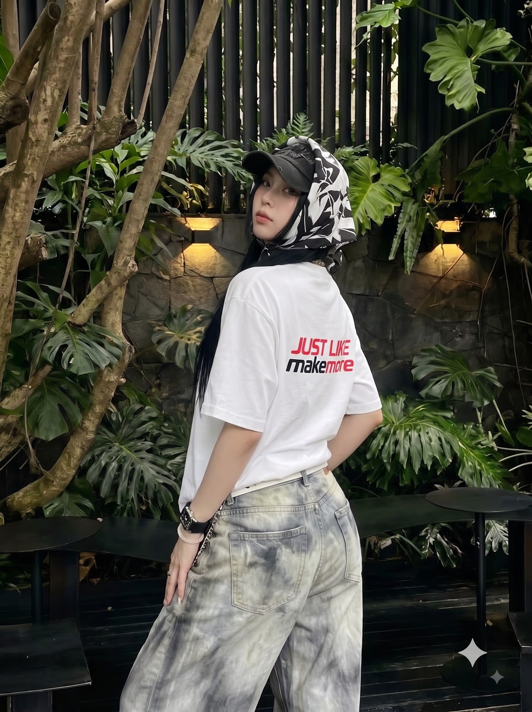 MAKE MORE white back-print tee styled in a garden